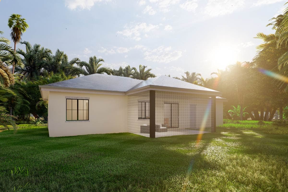 House plan exterior: One-story modern design with a gabled roof, large windows, and a covered patio.