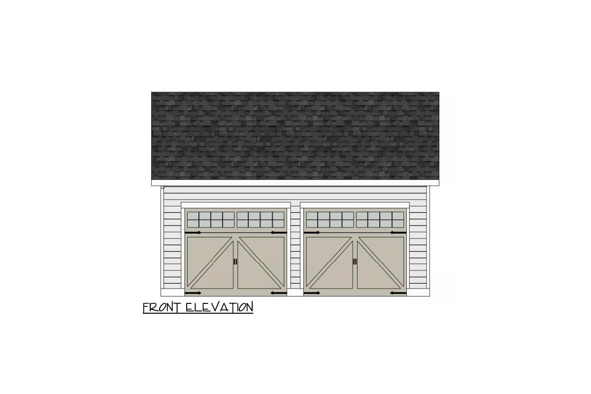 Architectural front elevation of a two-car garage with two paneled doors, small window grids, a shingled roof, and a white exterior.