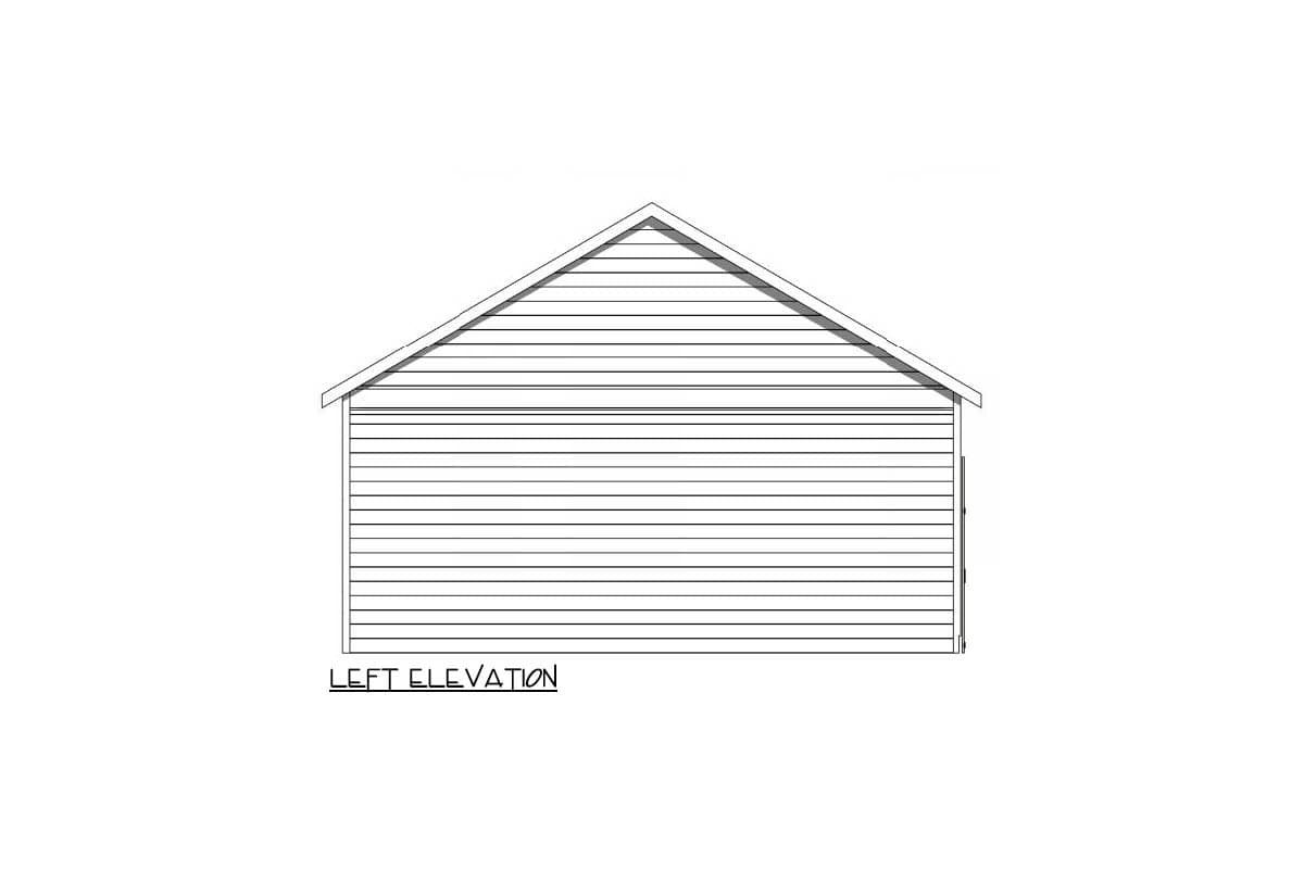 A black and white architectural drawing shows the left elevation of a gabled building with horizontal siding and a visible door.