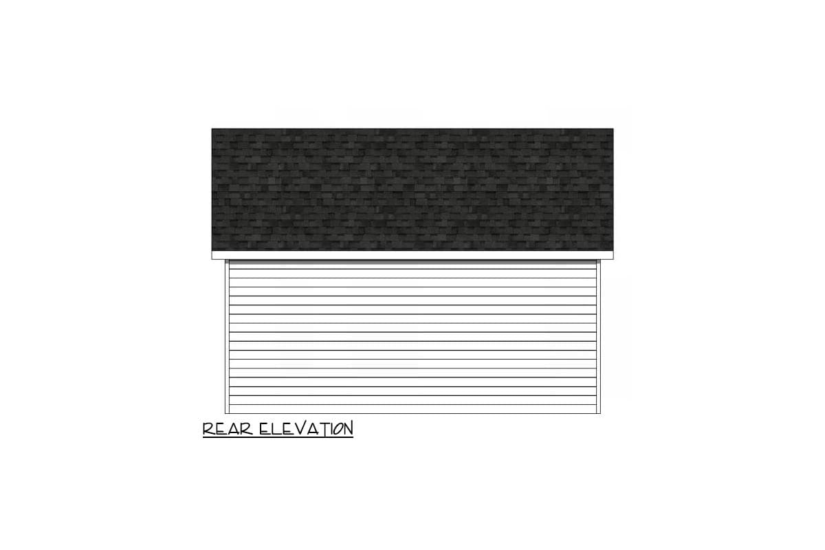 Rear elevation of a building, showing the back of the roof with dark shingles and a white clapboard wall. Text at the bottom reads "REAR ELEVATION."