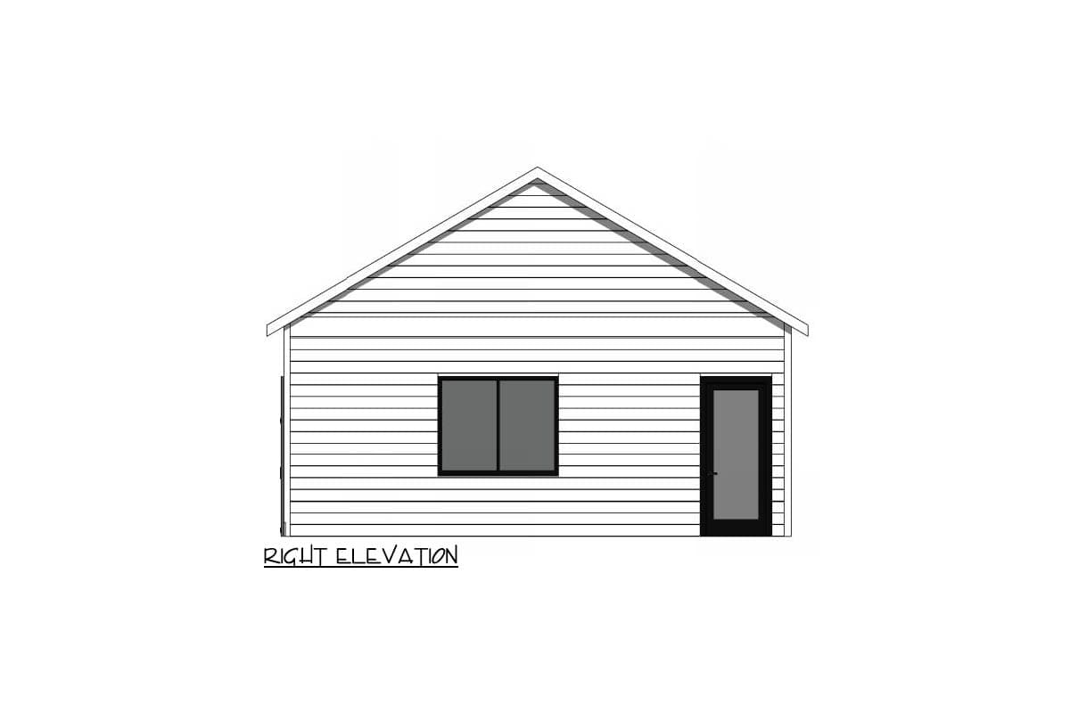 A right elevation architectural drawing of a simple gable-roofed building. It features a window, a door, and horizontal siding. Text below reads “RIGHT ELEVATION.”