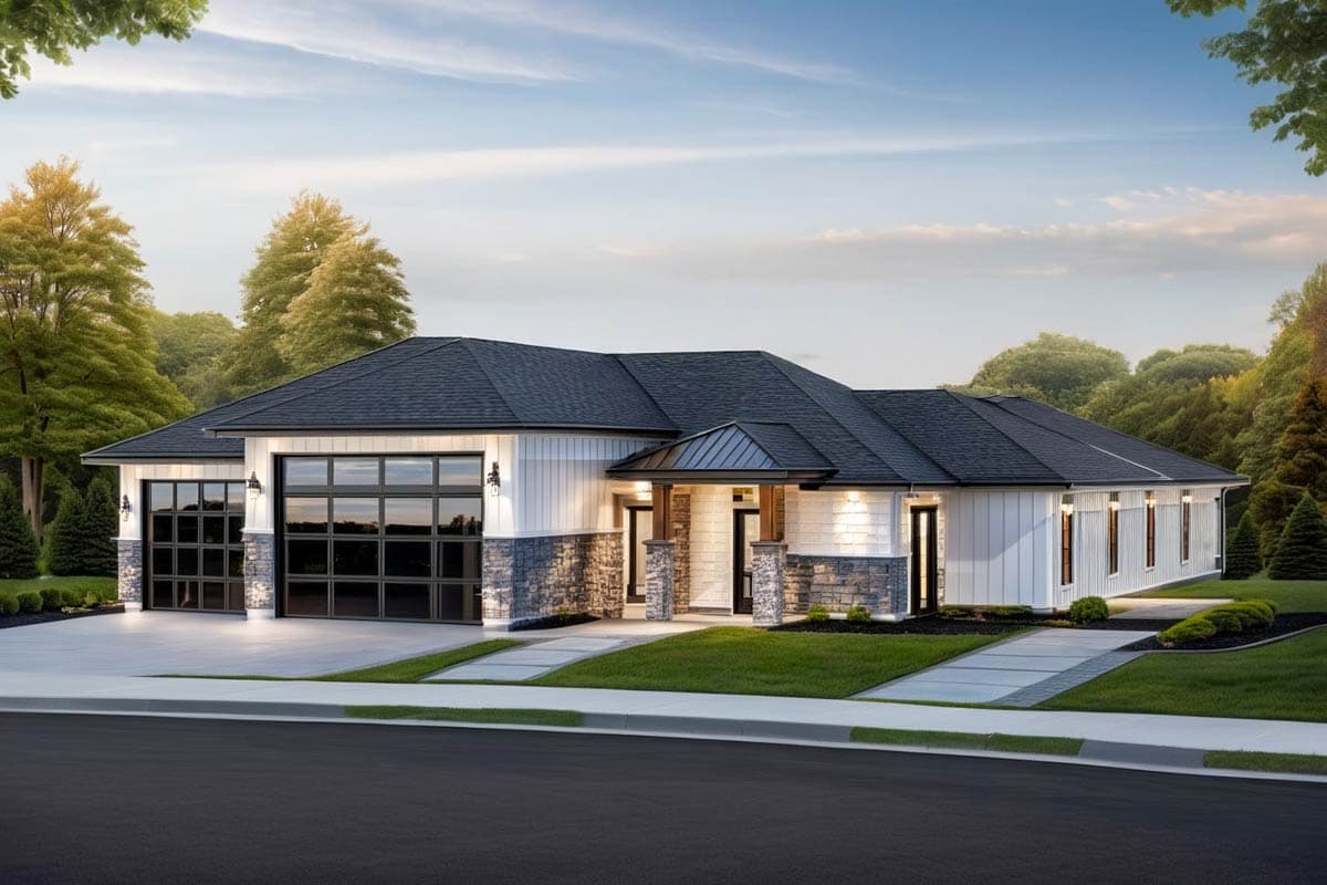 House plan exterior. Modern style, single story. Features include a side-entry garage, porch, and a gable roof with multiple planes.