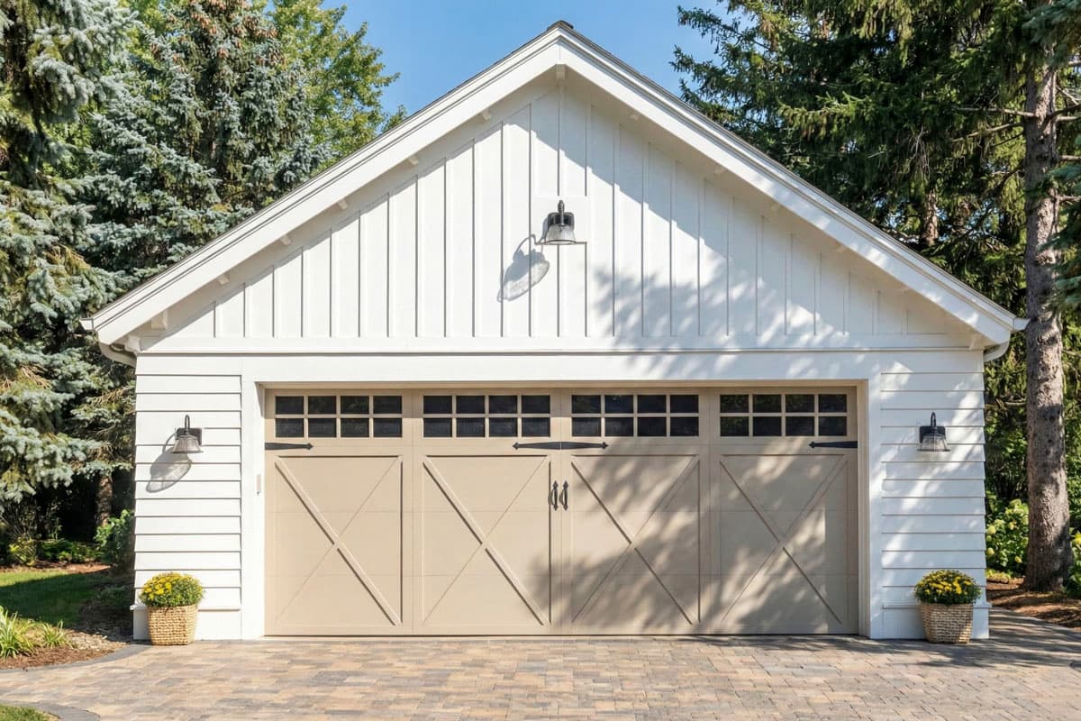 A white gabled garage with a light beige door and small windows above. Black sconces flank the door, and baskets of flowers sit on each side.