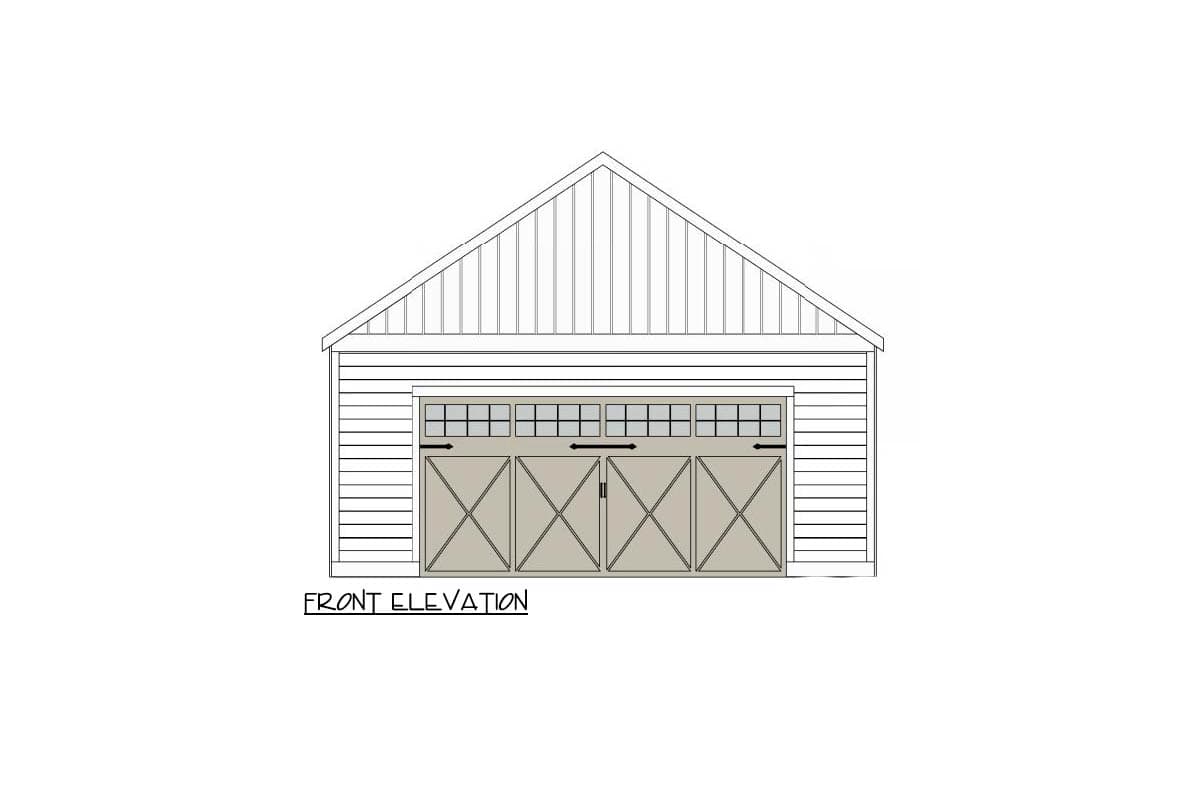 Front elevation sketch of a gable-roofed garage. It features four barn-style doors with glass panes above and a decorative X design.