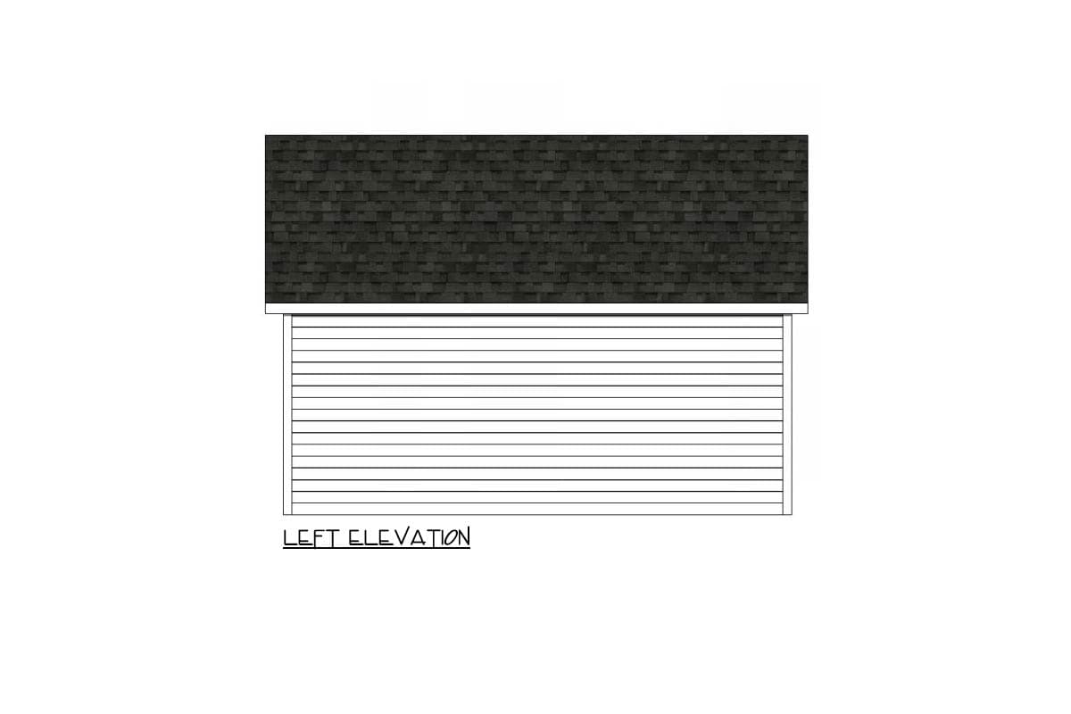 A left-side elevation of a building, showing the roof and horizontal siding. The roof has dark grey shingles, and the siding is white.
