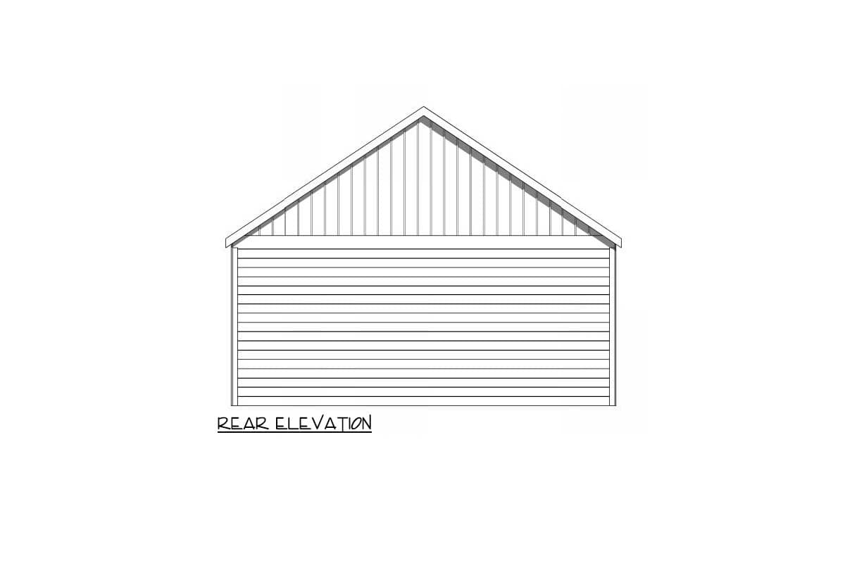 Line drawing of a house rear elevation. The house has a gabled roof and horizontal siding. Text below reads 'REAR ELEVATION'.