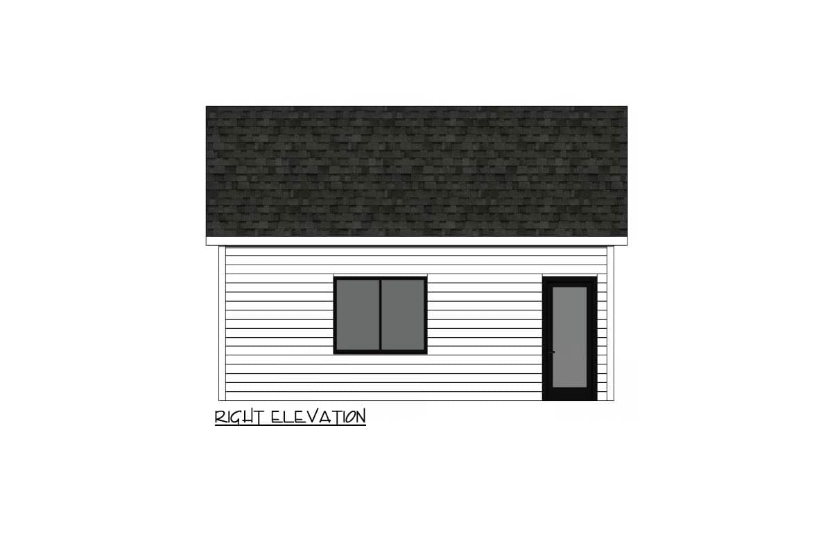 Architectural elevation drawing of a small building featuring a dark shingled roof, windows, and a door on a white siding wall.