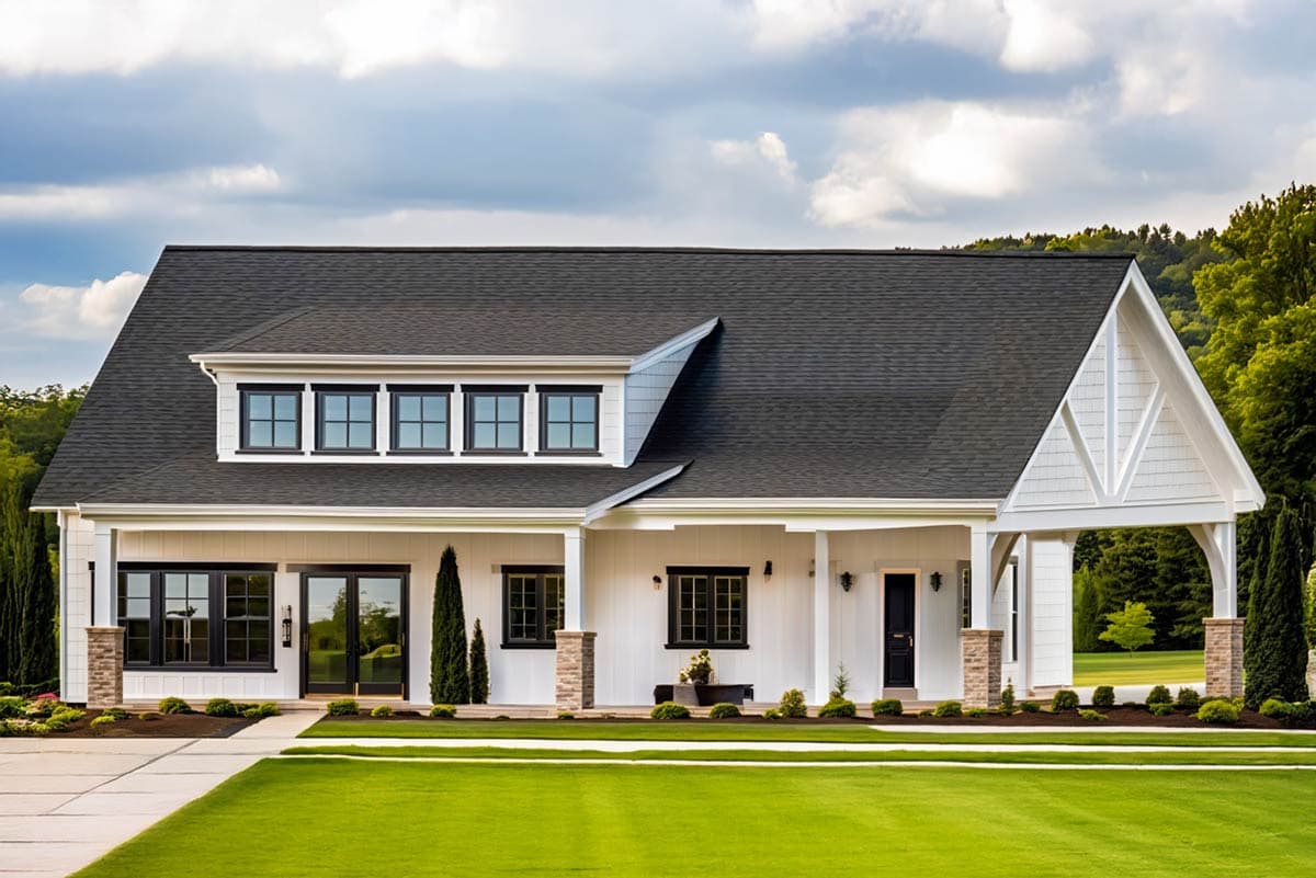 House plan exterior. Modern Farmhouse style with a two-story layout. Features include a front porch, gables, dormers, and dark shingle roof.