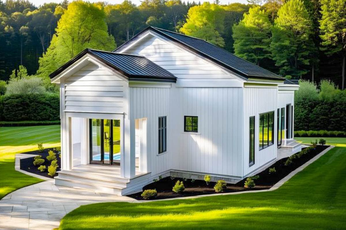 House plan exterior. Modern farmhouse style with gabled roof, covered porch, and black-framed windows. Board and batten siding.