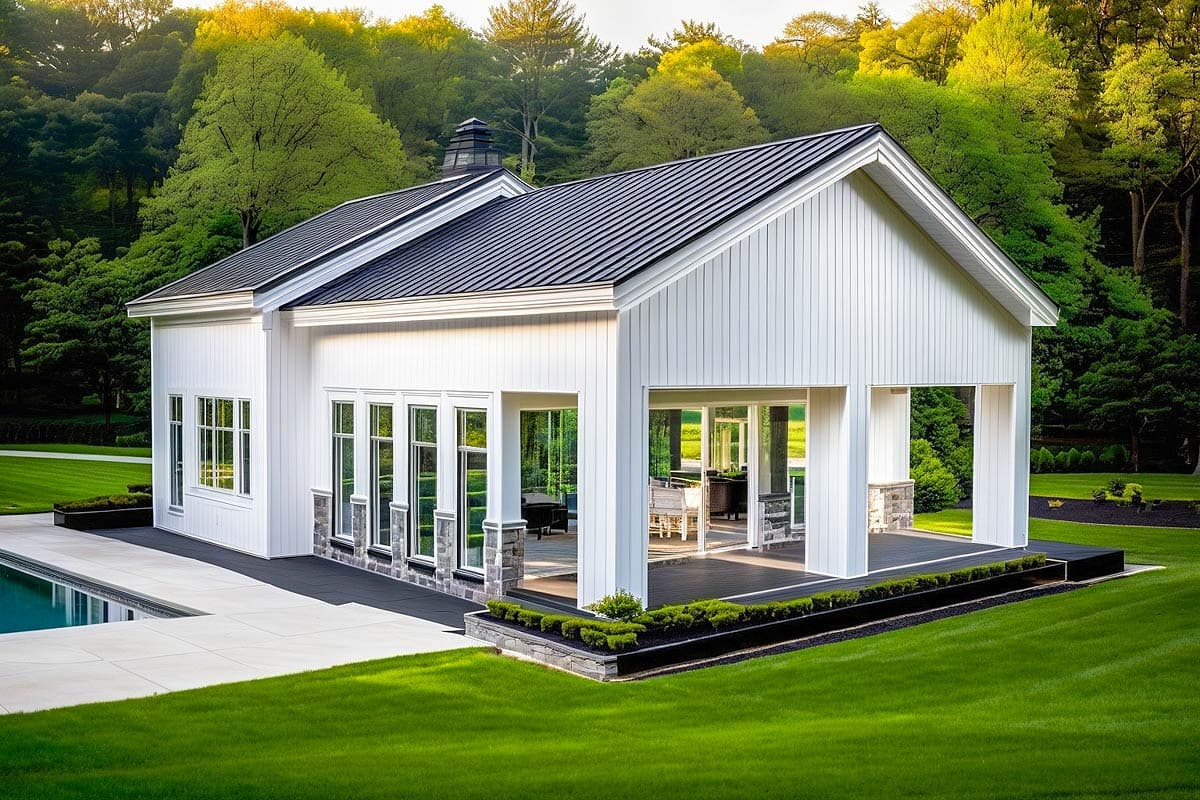 Modern Farmhouse house plan exterior with white vertical siding, gable roof, covered porch with columns, and large windows.