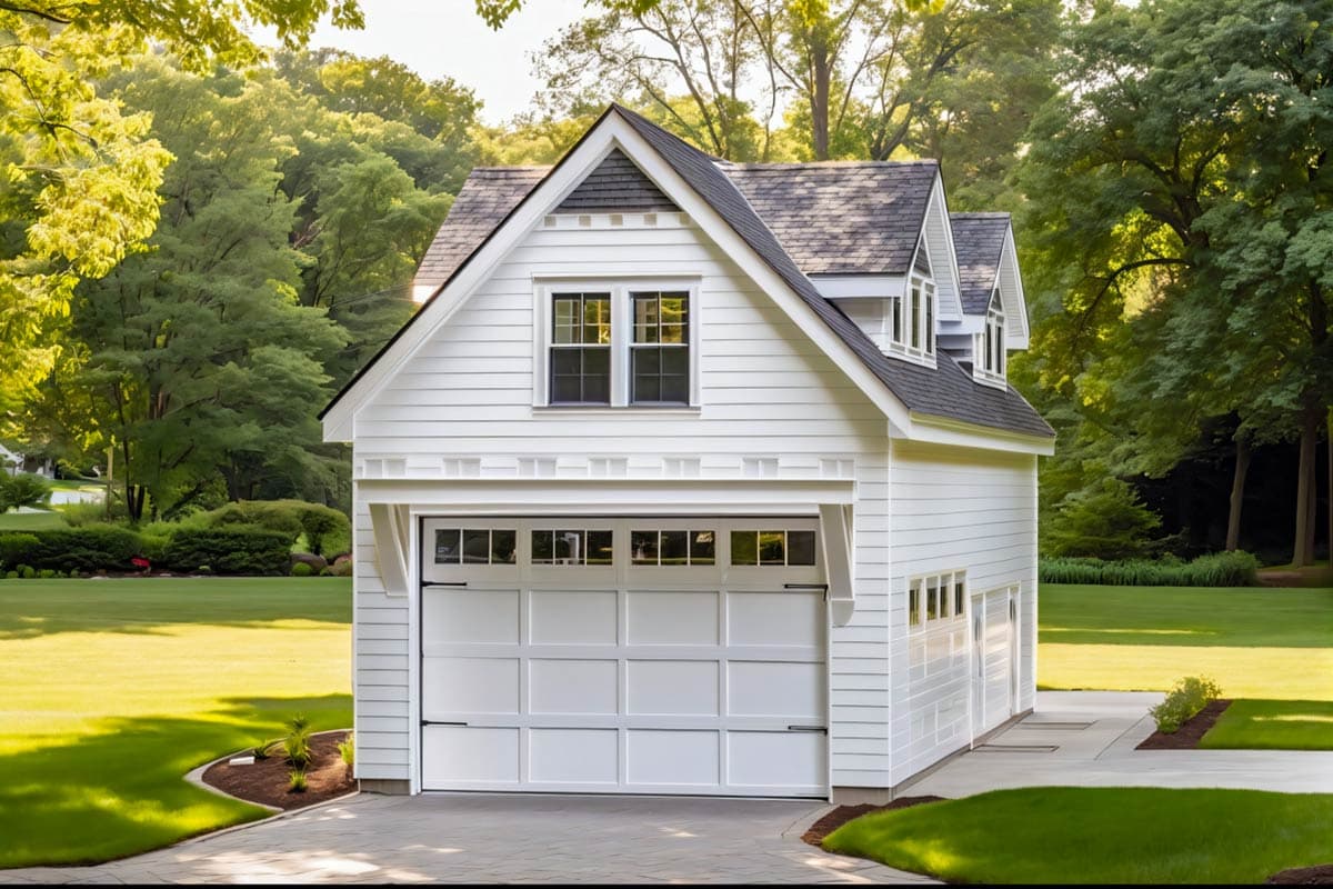 House plan exterior. Two-story structure in white siding. Features include a gable roof, multiple dormers, and a prominent garage door.