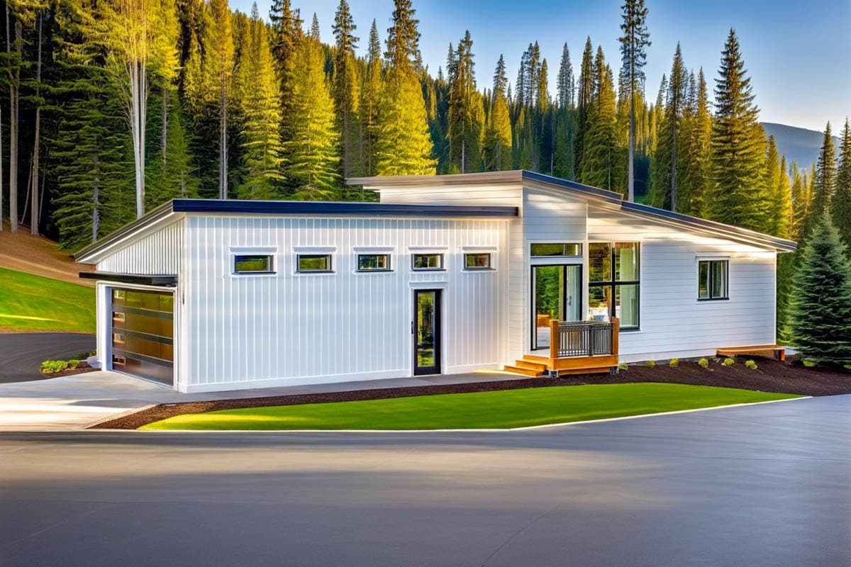 House plan exterior. Modern style, single story home with a flat roof, large windows, and a detached garage.