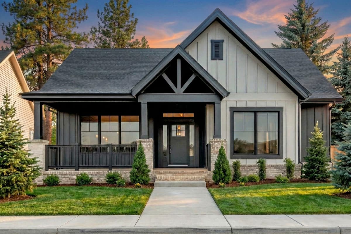 Modern farmhouse with black trim, gabled roof, front porch, and white brick accents