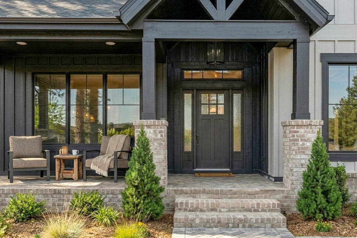 House plan exterior with a porch, brick facade columns, and a dark-colored front door. Craftsman-style elements are evident in the design.