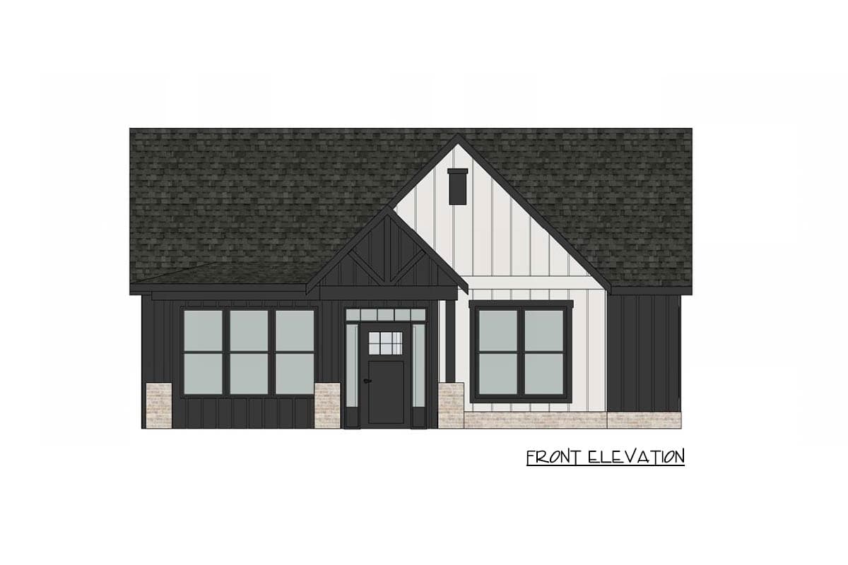Front elevation of a modern farmhouse style home with black trim, white siding, and a dark gray roof.