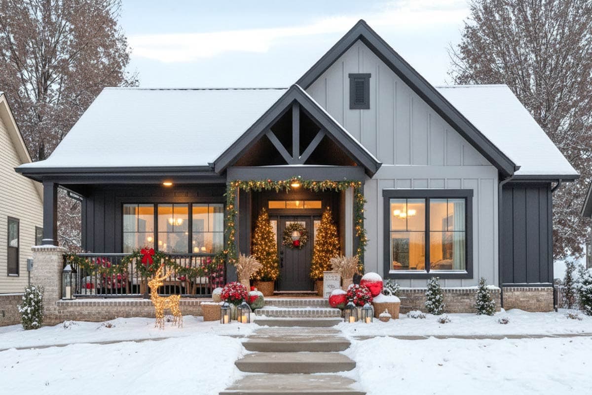 A snowy house decorated for Christmas. The porch features a glowing reindeer and holiday decor, with lighted trees on each side of the front door.