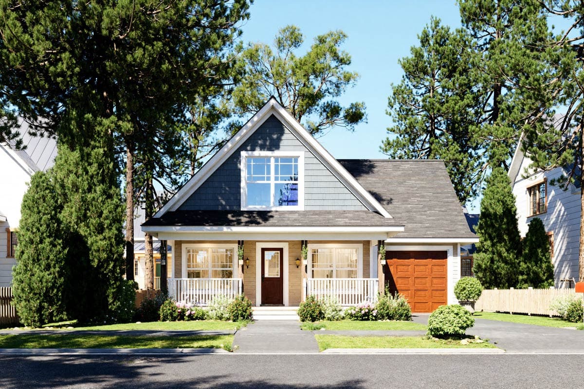 House plan exterior. One-story Cottage style with a front porch, gabled roof, and a single-car garage with an overhead door.