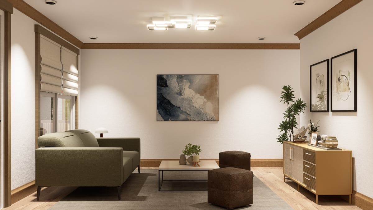 Living room with modern sofa, low coffee table, ottoman seats, and sideboard. Ceiling mounted abstract light fixture.