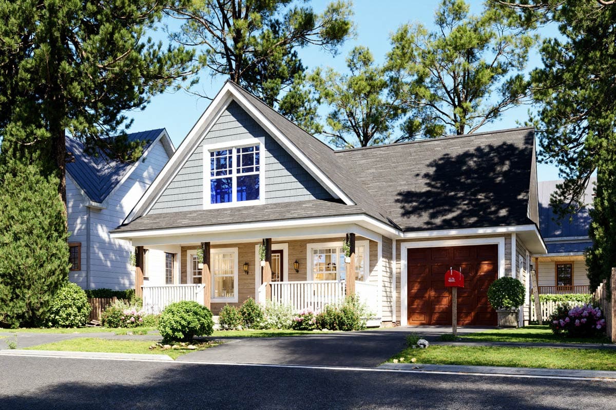 House plan exterior: Two-story home with a gabled dormer, covered front porch with white railing, and a side-facing garage.