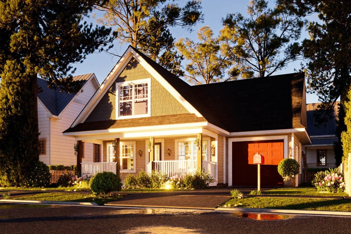 House plan exterior: Modern Farmhouse style, two stories, gabled dormer, covered front porch, and attached garage.