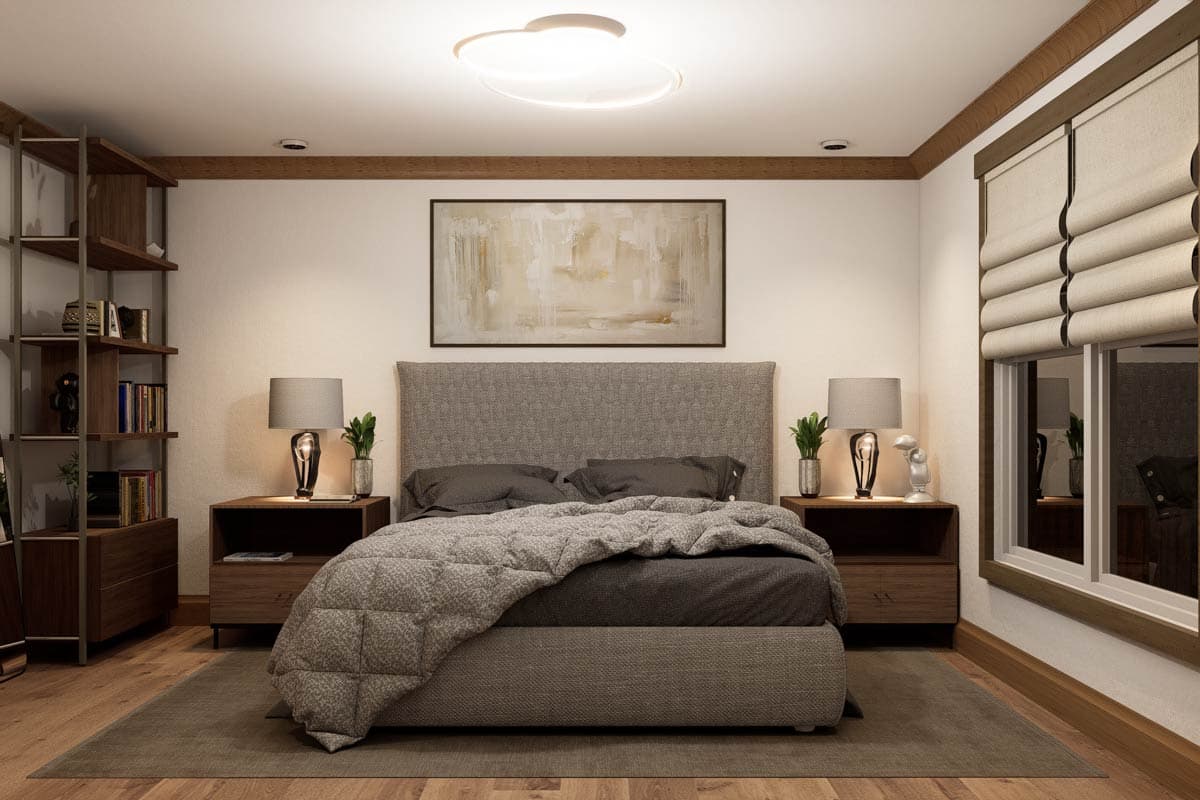 Bedroom interior with king bed, upholstered headboard, nightstands with lamps, artwork, and open shelving.