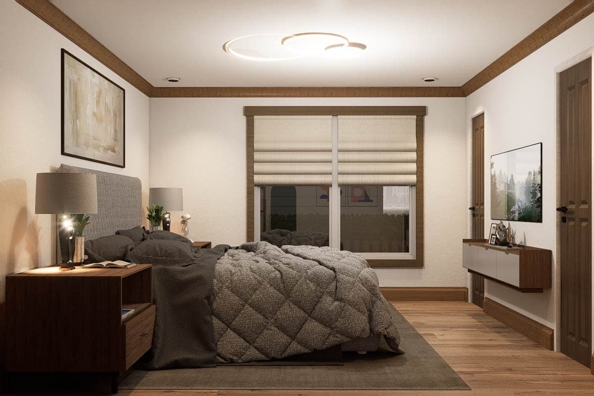 Bedroom rendering with a bed, nightstands, wall art, television, and a window with Roman shades.