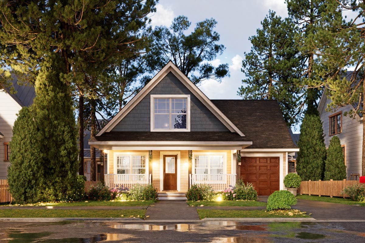 House plan exterior, two-story home with gabled dormer, covered porch, and attached garage with wood-paneled door.