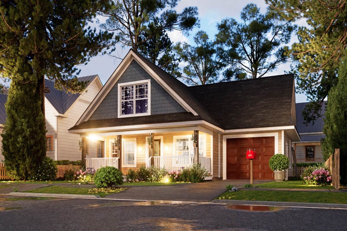 House plan exterior of a two-story home with a front porch, dormer window, and attached garage.