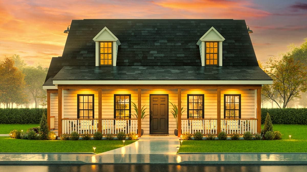Two-story house plan exterior with a covered front porch, dormer windows, and traditional gables.