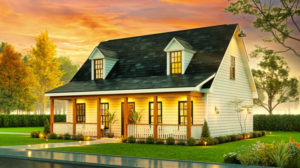 House plan exterior: Gable roof, two dormers, wraparound porch with wooden columns and white railing.