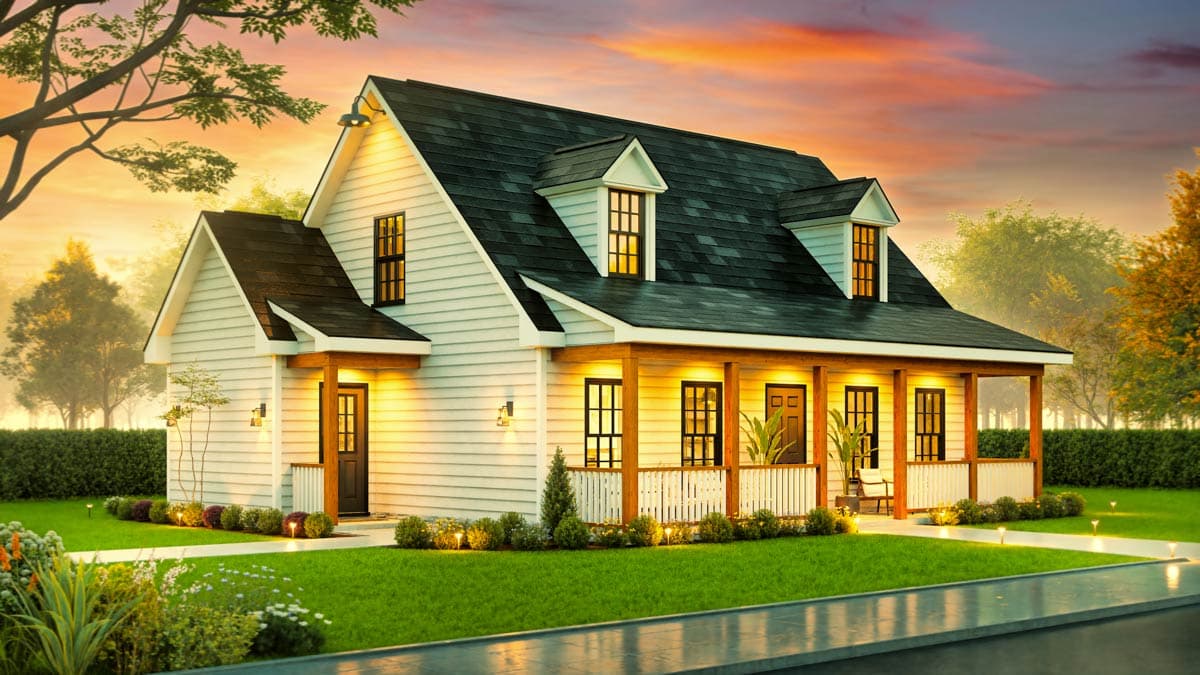 Two-story house plan exterior with gabled dormers, a wrap-around porch with white railing, and white horizontal siding.