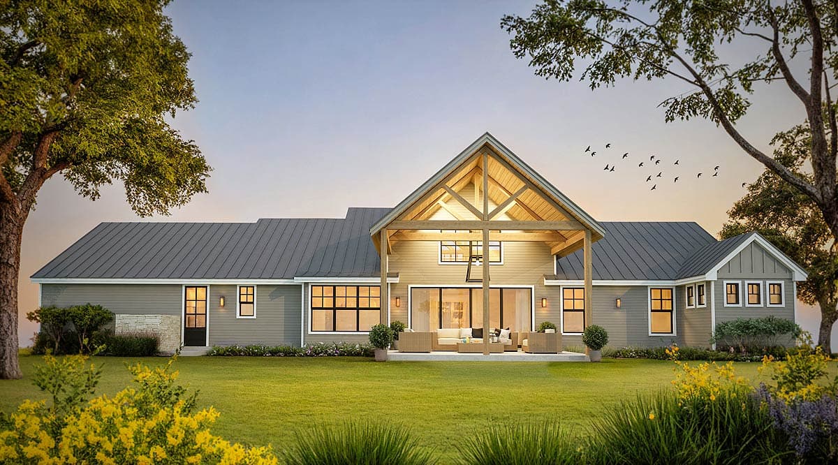 House plan exterior. Modern Farmhouse style, single story, with exposed beam covered patio, gabled dormers, and metal roof.