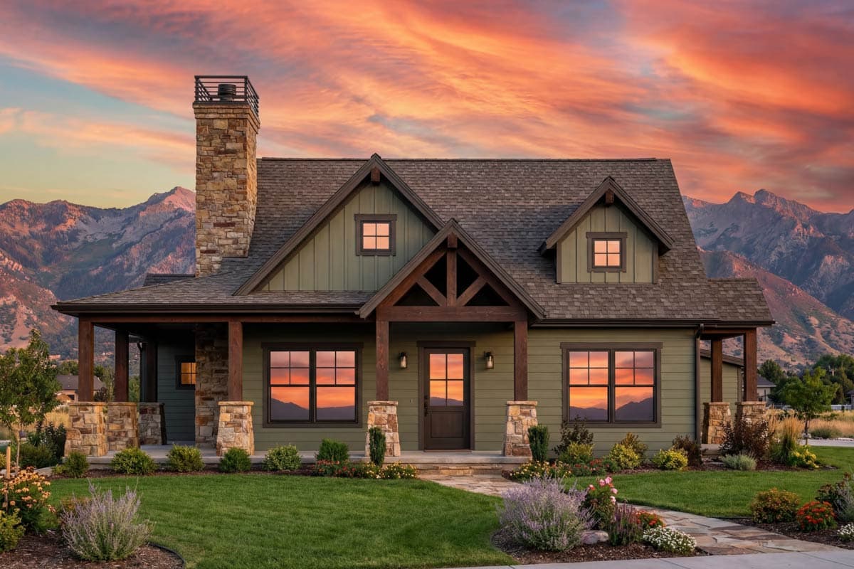 House plan exterior of a two-story Modern Farmhouse with stone chimney, gables, dormers, and a covered porch.