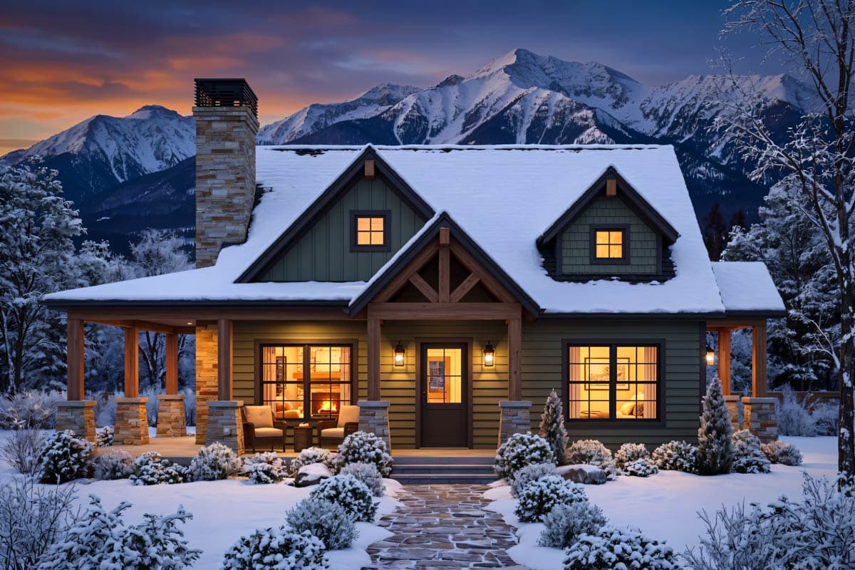 House plan exterior: Two-story Modern Farmhouse with covered porch, stone chimney, and prominent gables.