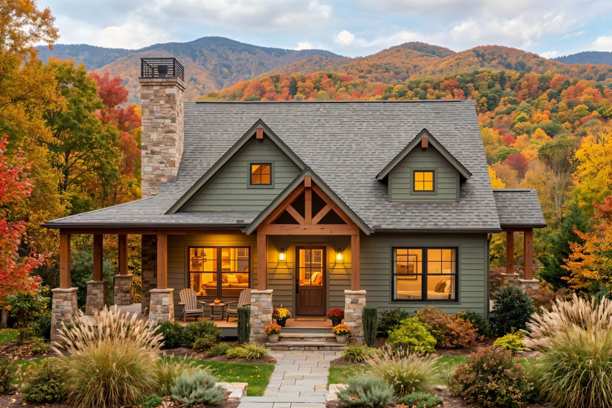Cozy, green cabin with stone chimney, surrounded by autumn foliage and mountains. The porch has chairs, inviting a warm and welcoming ambiance.