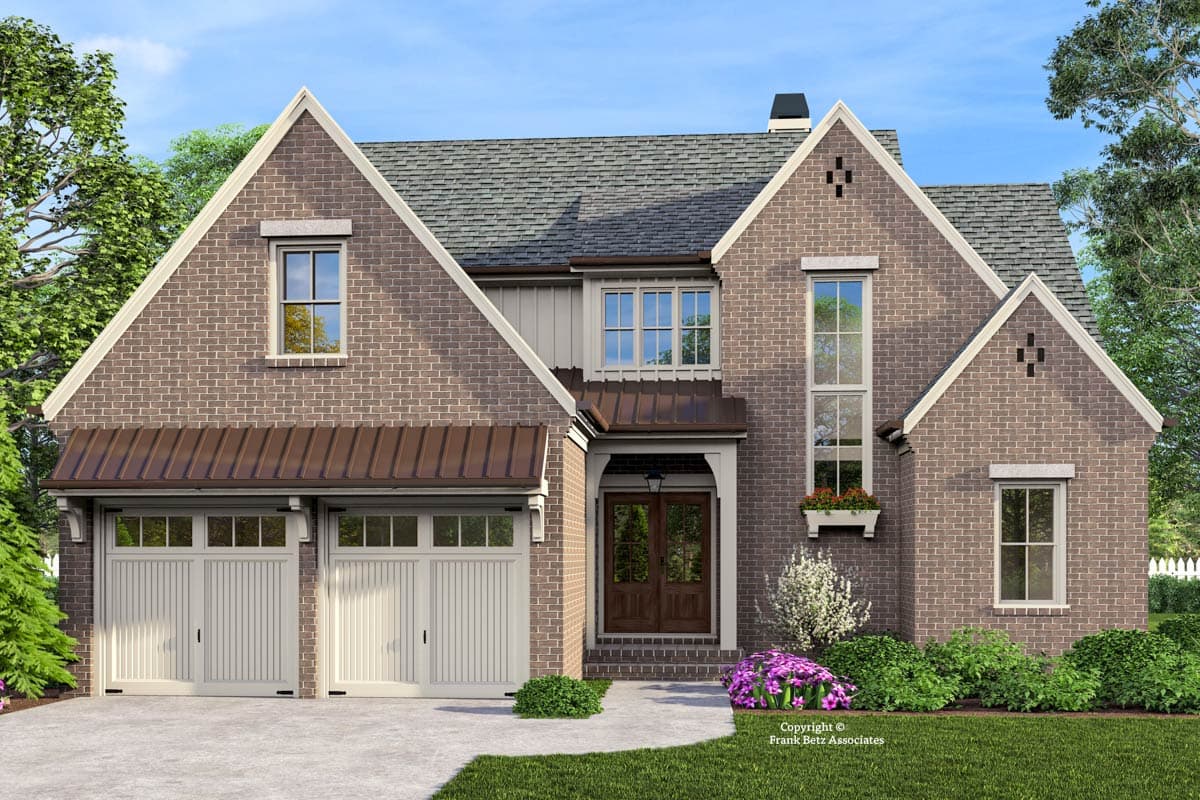House plan exterior with two stories. Features include brick facade, gabled rooflines, a covered entryway, and a two-car garage with a copper awning.