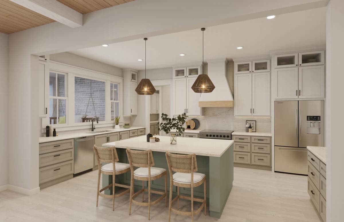 Modern kitchen with island, pendant lights, stainless steel appliances, and bar stools.  Bright, airy design with a wood ceiling.