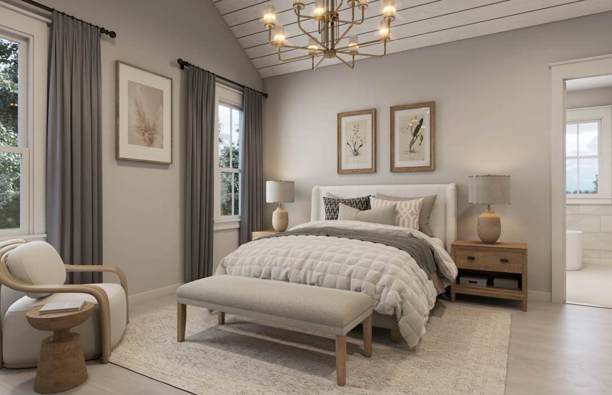 Elegant bedroom design with neutral tones. Features a bed, chair, bench, artwork, windows, and chandelier.