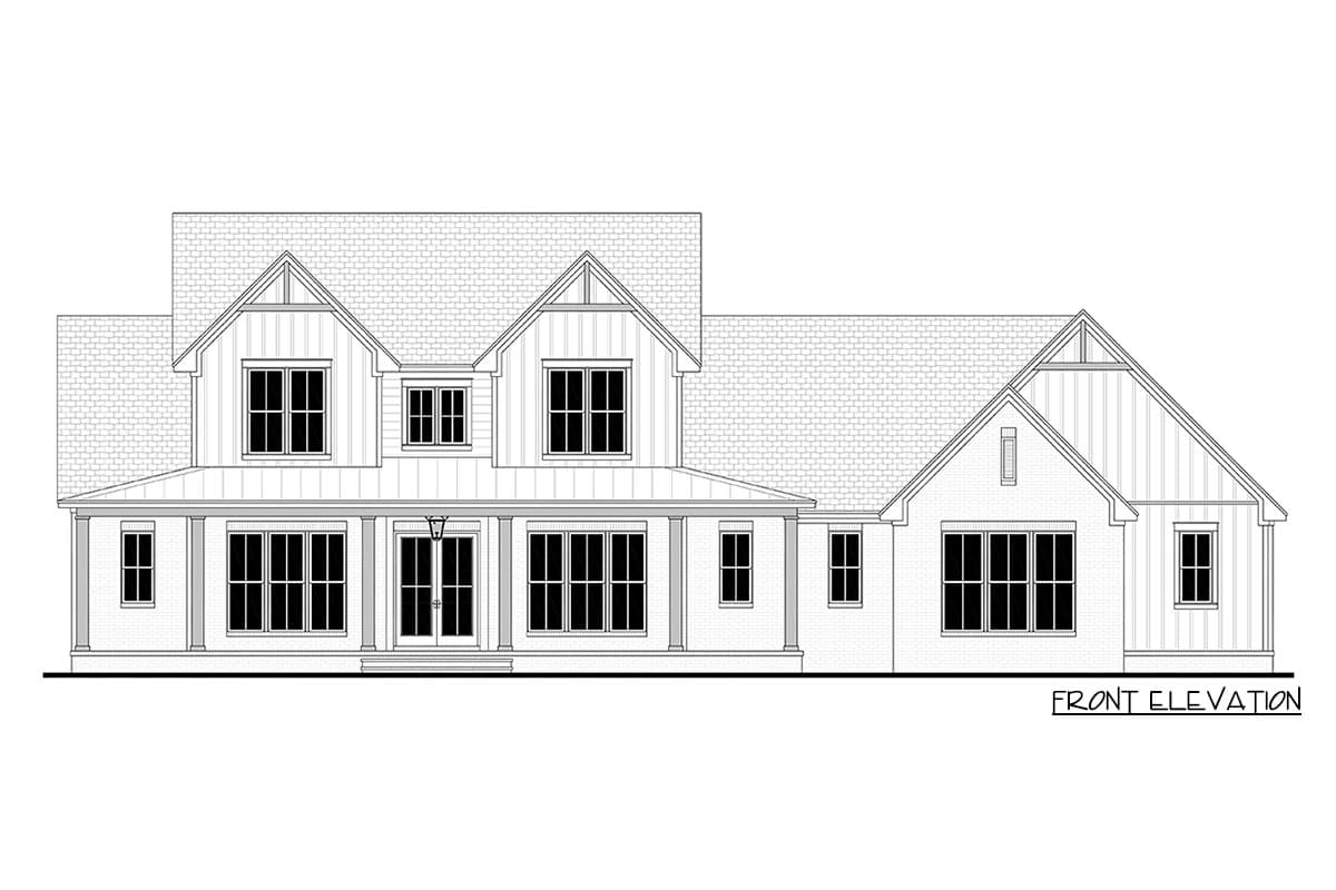 Front elevation sketch of a two-story house. Features a porch, gabled roof, and multiple windows.