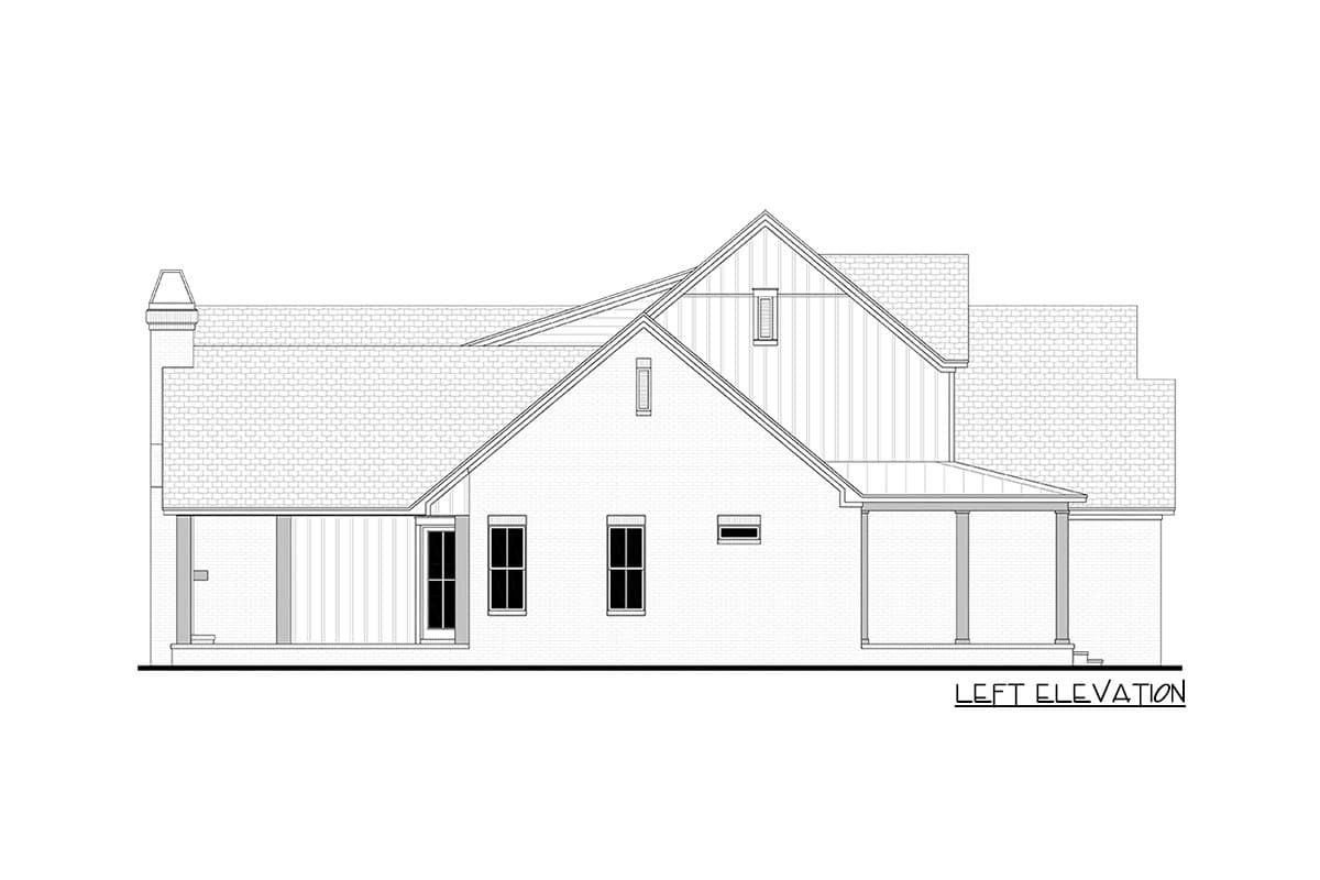Architectural drawing of a house, left elevation view. Features gabled roof, brickwork, porch with pillars, chimney, and windows.