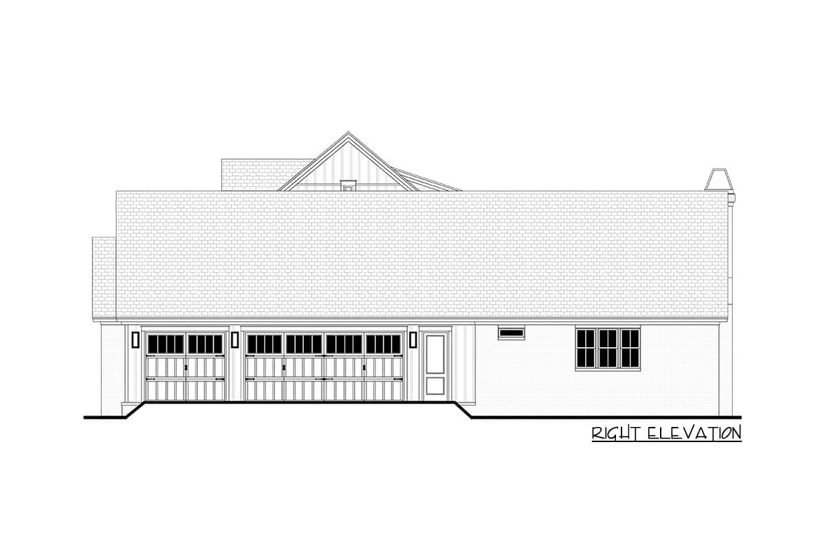 Architectural drawing of a house's right elevation, showing the roof, garages, door, and windows. It's labeled 'Right Elevation'.