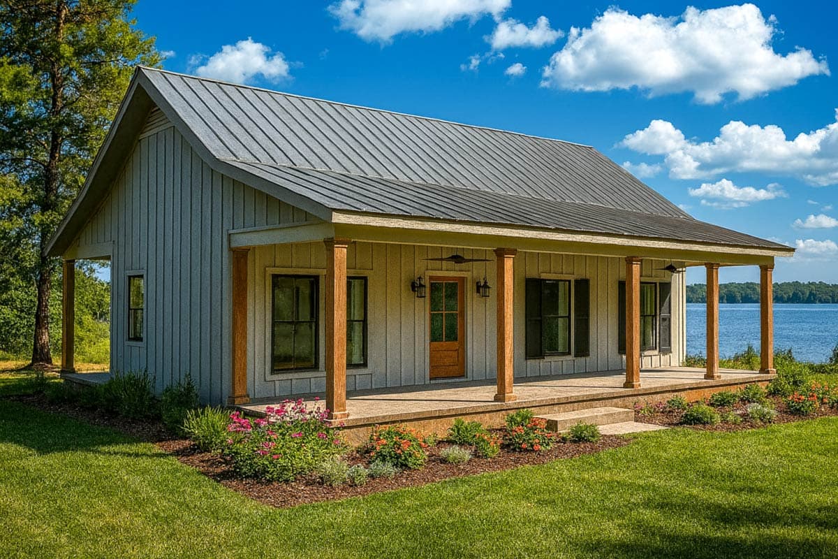 House plan exterior with a metal roof and porch supported by columns. Featuring a single story, the house also has a front door and shutters.