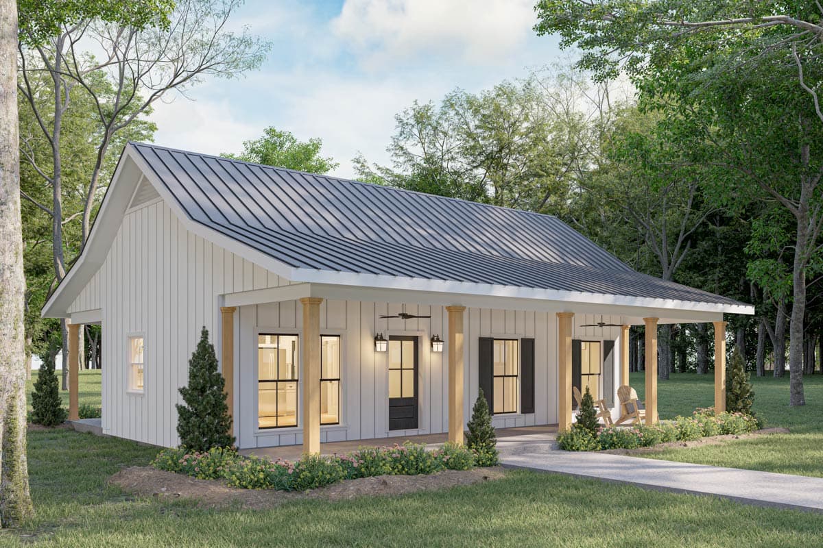 Modern Farmhouse house plan exterior with wrap-around porch, metal roof, and board and batten siding.
