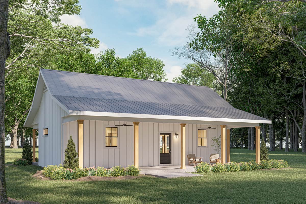 House plan exterior of a one-story Modern Farmhouse with a metal roof, front porch supported by square columns, and board and batten siding.