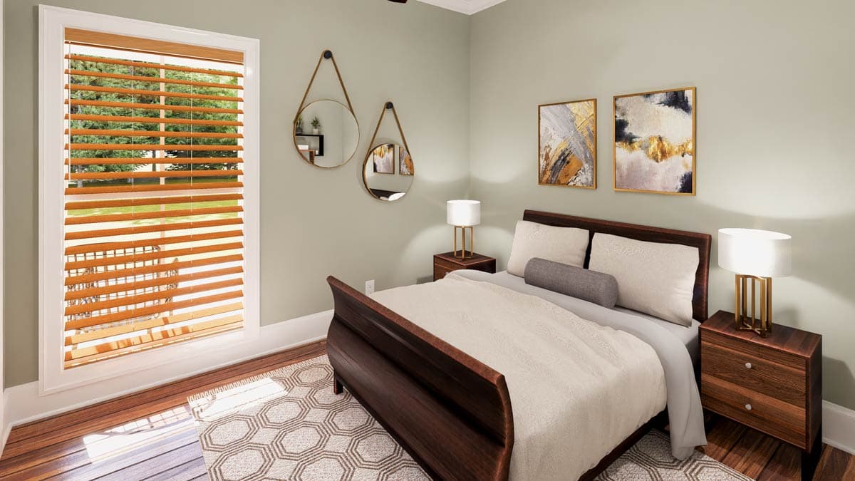 Bedroom interior rendering with a wooden sleigh bed, large window with blinds, two nightstands with lamps, and abstract wall art.