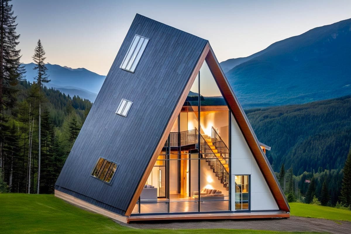 House plan exterior. A-frame style home with a two-story structure, large glass wall, black shingle roof, and multiple rectangular windows.