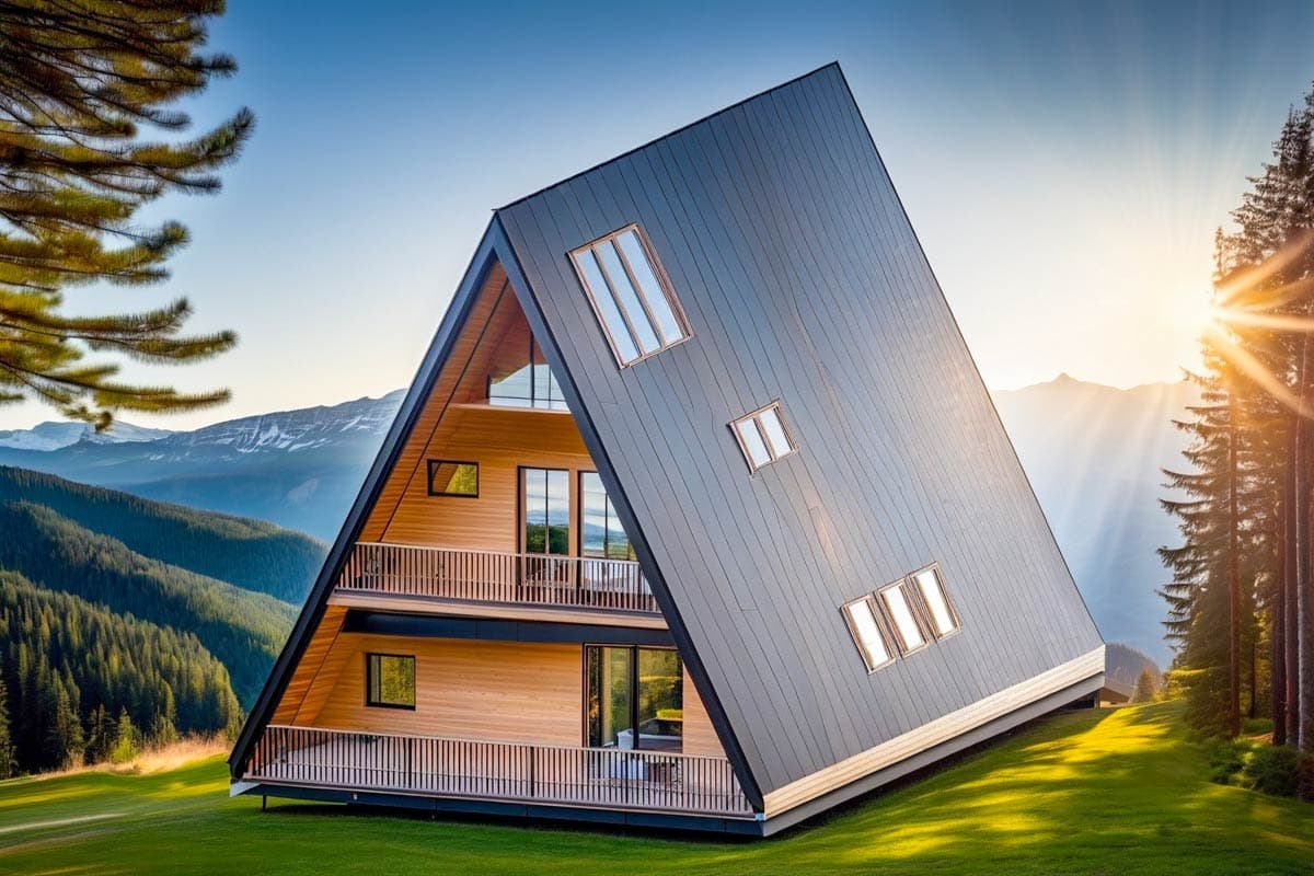 House plan exterior of a modern A-frame house with two balconies, wood siding, and multiple windows on a sloped terrain.
