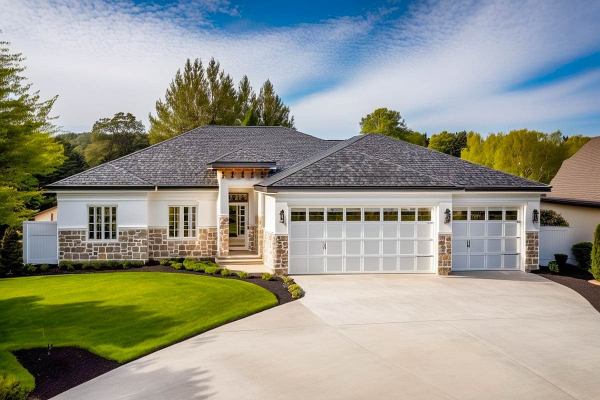 House plan exterior. Two-story home with a hip roof and stone accents. Features a two-car garage with divided light windows and a covered entry.