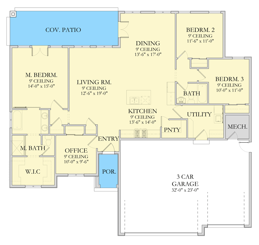 Plan 490168NAH: Modern Ranch Plan with Home Office and Split Bedrooms - Floor Plan - Main Level - Modern, New American, Ranch