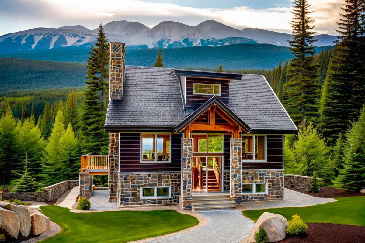 House plan exterior. Two-story mountain-style home with stone facade, gabled roof, and wood-framed entry. Balcony and stone chimney are also visible.